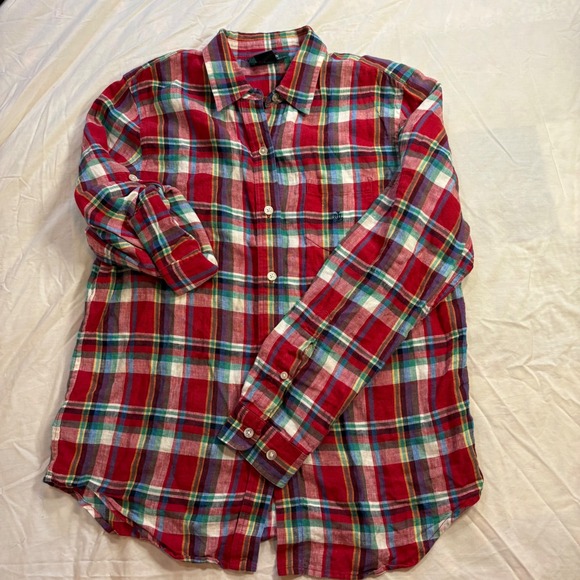 Lauren Ralph Lauren Petite Plaid Linen Button Down Shirt Red Green Blue Size M - Picture 2 of 8